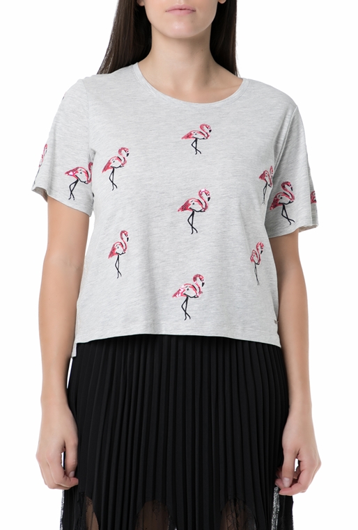 GUESS-Γυναικεία κοντομάνικη μπλούζα GUESS γκρι με φλαμίνγκο 
